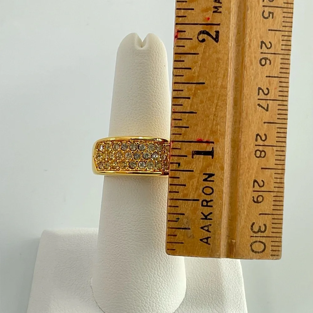 Elegant Gold Simulated Diamond Ring, 3 Rows of Dainty Sparkling Crystals